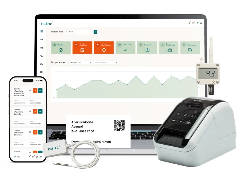 Rastra software with label printer and temperature and humidity sensors for hotel kitchen food traceability